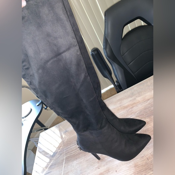 Venus Stiletto Black Suede Crystal Embellished Knee High Boots - Picture 1 of 17